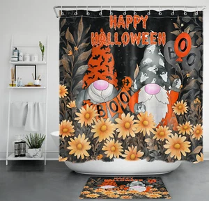 Yellow Daisy Funny Gnome Happy Halloween Shower Curtain Bathroom Accessories Set - Picture 1 of 24