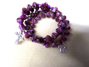 Rosary Wrap Bracelet - 10 x 8mm Purple Swirl Lampwork Faceted Glass Beads