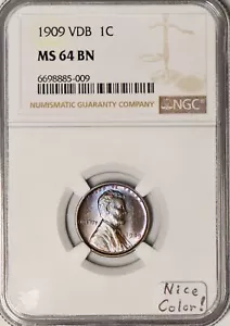 1909 VDB Lincoln Wheat Cent NGC MS-64 BN; Nice Color! - Picture 1 of 4
