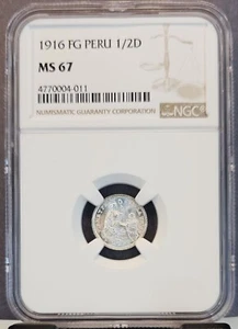 1916 FG PERU SILVER 1/2 DINERO NGC MS 67 STELLAR GEM BU BEAUTY SCARCE HIGH GRADE - Picture 1 of 3