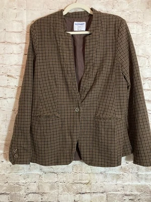 Blazer Antiguo Azul Marino Grande Alto Marrón Estampado Pata de Gallo Un Botón Preppy Academia Foto 1 de 4