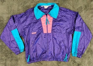 Vintage 90s Columbia Purple Pink Teal Neon Color Block Full Zip Windbreaker Sz L - Picture 1 of 16
