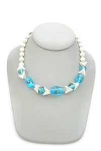 Vintage Halskette silberfarben blaue Glasperlen 16 Zoll - Bild 1 von 9