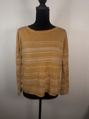 Garnet Hill Womens Small Boxy Linen Boatneck Sweater Musterd Yellow Stripe - Image 1 of 4