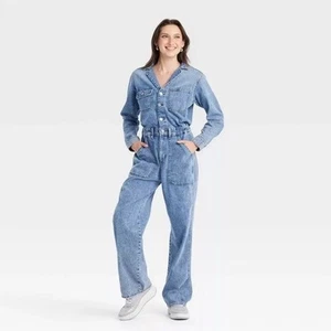 Womens Denim Jumpsuit Size 4 Blue Long Sleeve Pockets Collar Cotton Spandex New - Picture 1 of 6