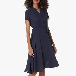 Abito Camicia Pintuck Manica Svolazzante Nanette Lepore Donna 4 Blu Navy Linea A Midi - Foto 1 di 14