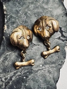 DOG  Clear Crystal Eyes Dangling Bone Accents Gold Plated Collectible - Picture 1 of 6