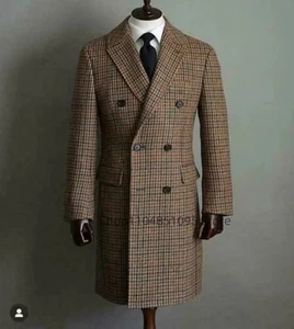 Autumn And Winter Men Wool Brown Houndstooth Overcoat Long Coat formal - Picture 1 of 6