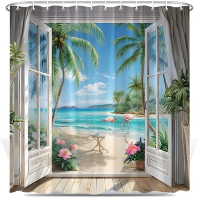 Shower Curtain Beach Tropical Palm Trees Ocean Flamingos Coastal Nature 70"X70" - Image 1 of 4