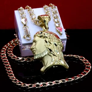 Curly Jesus Face 14k Gold Plated Charm Pendant 20" Cuban Link Choker Chain 212 - Picture 1 of 9