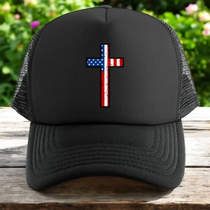 Christian Jesus trucker hat mens O/S black snapback cross American flag - Picture 1 of 3