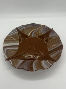 Vintage Tan White Slag Art Glass Platter Tray Plate Trinket Change Dish Catchall - Picture 1 of 13