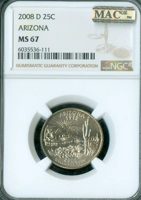 2008 D ARIZONA QUARTER NGC MS67 BUSINESS STRIKE MAC FINEST SPOTLESS RARE  * - Image 1 of 2