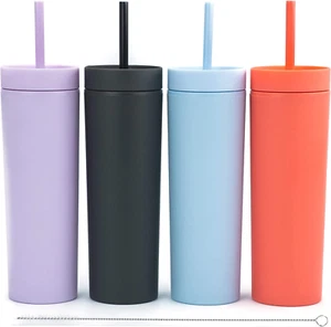 Multicolor Skinny Tumblers with Lids and Straws (4 Pack) - 16Oz Matte Pastel Col - Picture 1 of 12