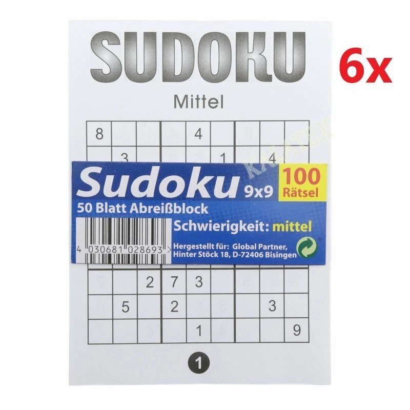 6x Sudoku-Block, einfach und mittelschwer, je 50 Blatt, Rätsel, Rätselspaß - Bild 1 von 1
