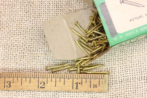 OLD 5/8” BRASS color Plated BRADS 1 BOX 165 NAILS Escutcheon Pins 16 Ga Vintage Cover