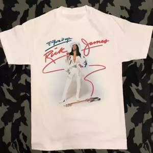 Rick James Fire It Up Guitar in white Unisex T-Shirt Full Size - Picture 1 of 3