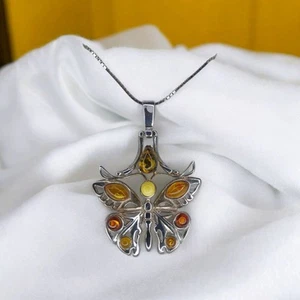 Vtg Mixed Amber Sterling Silver Butterfly Pendant On 24 Inch Necklace Cognac - Picture 1 of 6