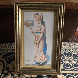 Antique Victorian Lady Girl Christmas Paper Framed Card W/Brass Stand - Picture 1 of 10