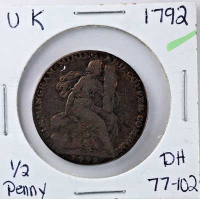 1792 Great Britain 1/2 Penny Warwickshire Birmingham Mining Copper - Image 1 of 4