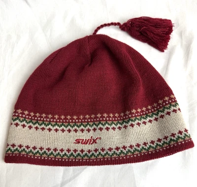 Chapéu Swix gorro vermelho verde malha borla esqui inverno padrão nórdico Canadá - Imagem 1 de 4