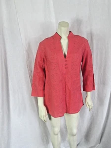 NEW Tweeds 10 Womens Coral 100% Linen Eyelet Geometric Floral Top 3/4 Sleeve - Picture 1 of 13