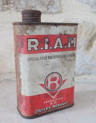 Ancien Bidon d'Huile RIAM Huiles Renault France Vintage oil can vtg blanc rouge - Photo 1/4