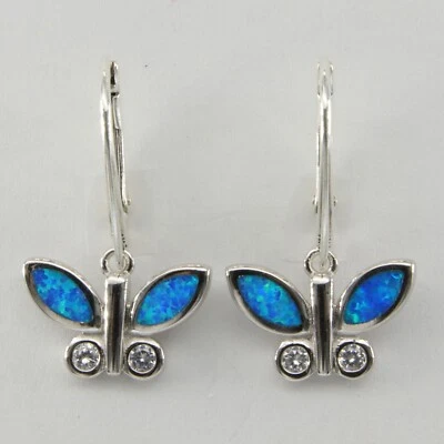 Pendientes mariposa ópalo de fuego azul plata esterlina 925 respaldo de palanca rodio #14e Foto 1 de 3