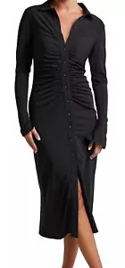 Showpo Black Dress Ruched Front Button Up Long Sleeve Bodycon Midi Size 20 - Picture 1 of 8