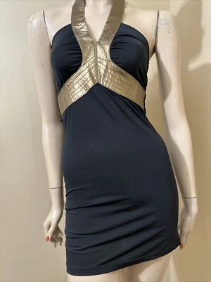 Blusa túnica mujer negra bronce poliéster cóctel cuero abierto corbata talla S Foto 1 de 4