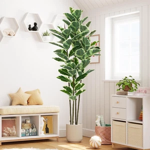 Artificial Rubber Tree Plant 6Ft Tall Faux Rubber Plant with Pot Faux Plants Ind - Picture 1 of 12