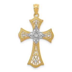 14K Gold with Rhodium Diamond-cut Cross Pendant 0.8 in x 1.2 in - Picture 1 of 3