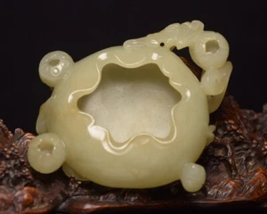 223g China Natural Hetian Jade Hand Hollowed Carved lotus Statue Brush Washers - Picture 1 of 9