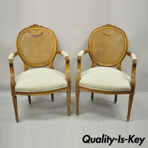 Vintage French Country Louis XVI Oval Cane Back Fauteuil Lounge Chairs - a Pair Cover