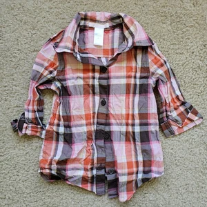 Janie and Jack plaid button down shirt pink brown cotton roll up sleeve size 3T - Picture 1 of 3