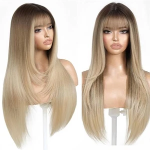 BLONDE X Brown Ombre Human HAIR Blend Multicolor Wavy Curly bangs layers - Picture 1 of 5