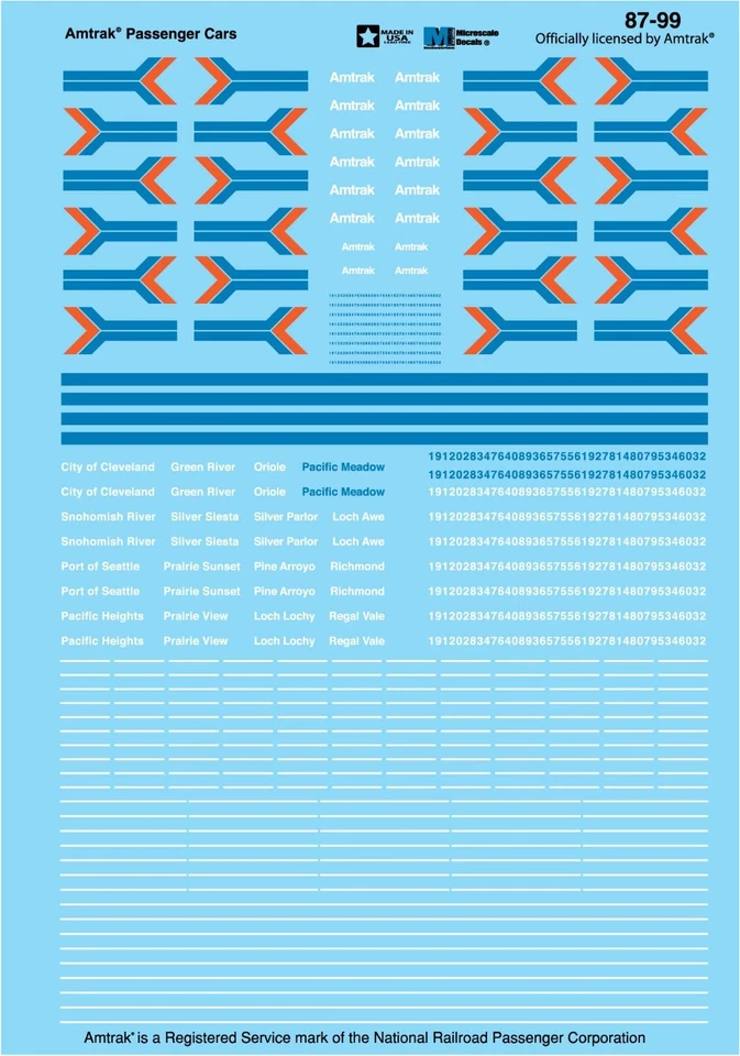 Microscale 87-99 HO 1/87 Amtrak Passenger Cars Logos Names Numbers Decals - Image 1 of 1