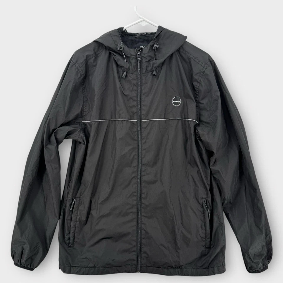 Chaqueta cortavientos O’Neill para hombre calce estándar medio con capucha negra cremallera correr Foto 1 de 4