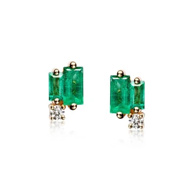 Real Emerald & Moissanite  Stud Earrings 18k Gold Micron Unique Gift Jewelry. - Image 1 of 4