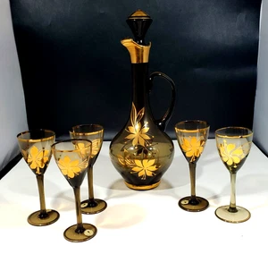 Vintage Venetian Murano Italian Amber Gold Cordial Decanter Set & 5 Glasses - Picture 1 of 8
