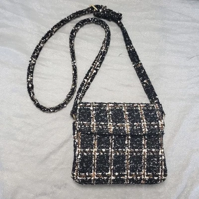 Bolso Bandolera Negro Blanco Tostado Tweed a Cuadros Solapa Hombro Elegante Antiguo Tejido con Dinero Foto 1 de 4