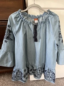 Scully Tunic Top Women’s XL Blue Embroidered Aztec Southwestern Boho Floral - Picture 1 of 6
