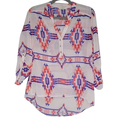 Aztec Print Blouse Top Roll Tab Sleeve Button Down Sheer Bohemian - Image 1 of 4