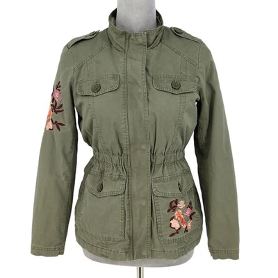 Jou Jou Juniors Large Military Jacket Green Embroidered Zip Snaps Quilted Lining - Image 1 of 4