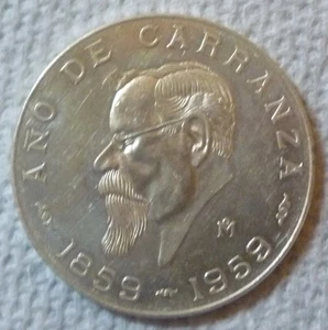 1959 MEXICO - 5 PESOS - 100 YRS. CARRANZA BIRTH - 1/2 Oz AU UNC SILVER CROWN - Picture 1 of 5