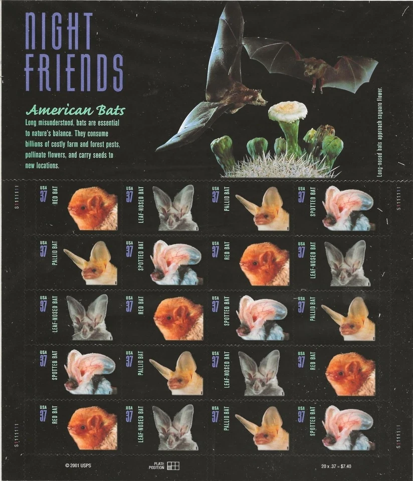 Scott #3661-64 Night Friends—American Bats Pane of 20 37¢ Stamps (2002) [673 - Image 1 of 1