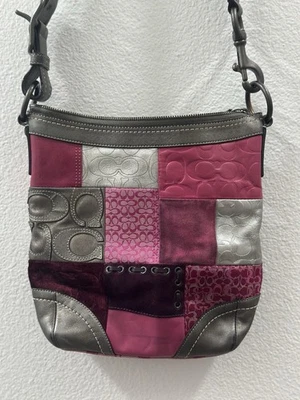 Vintage Coach Patchwork Silver Pink Leather Suede Canvas Crossbody Bag - Image 1 of 4