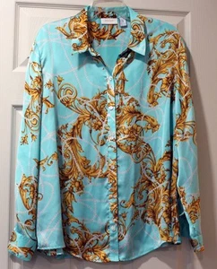 Blusa Chico’s 3 Grande Barroca Estampado de Pergamino Camisa Botón Oro Aqua Manga Larga - Imagen 1 de 2