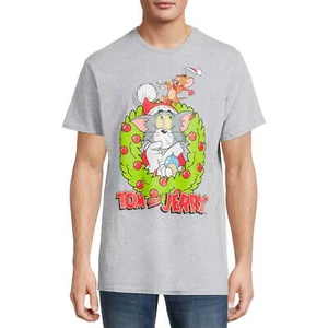 Tom and Jerry Christmas Men's Holiday Wreath Graphic Tee Heather Grey Size M - Picture 1 of 4