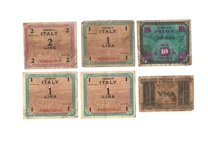 1943 Italy 1 & 2 Lire, France 10 Franc Allied Military Currency -My Grandfathers - Picture 1 of 3
